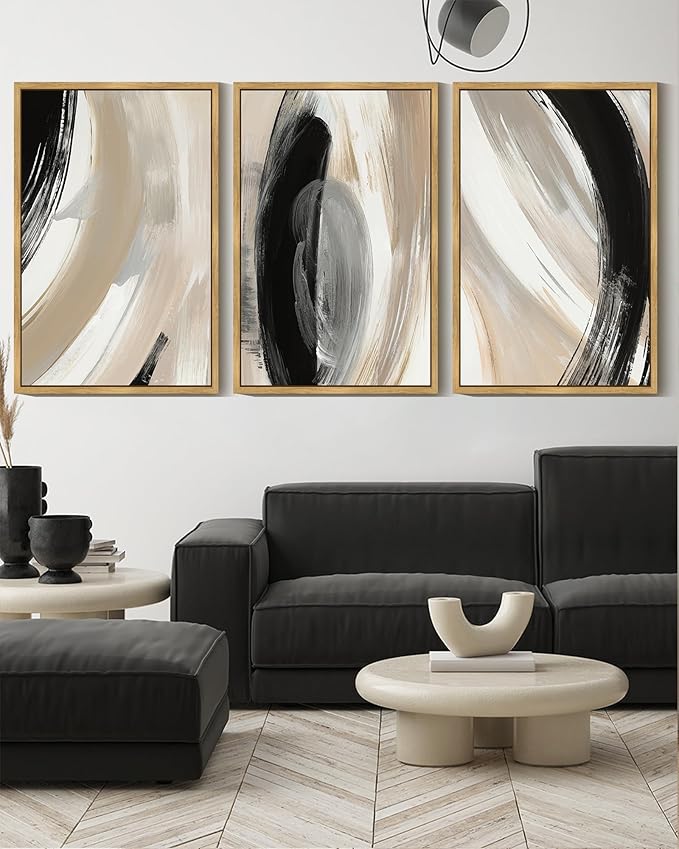 KUVIOKE Black Neutral Abstract Framed Wall Art Modern Minimalist Graffiti Pastel Wall Decor Art for Bedroom Living Room Hallway Ready to Hang 16x24in (Natural Framed)