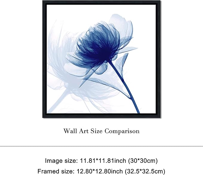 Pyradecor Black Framed Canvas Wall Art Blue Flickering Flower Modern Grace Floral Pictures Paintings on Canvas Prints One Panel Artwork for Bedroom Office Home Decorations
