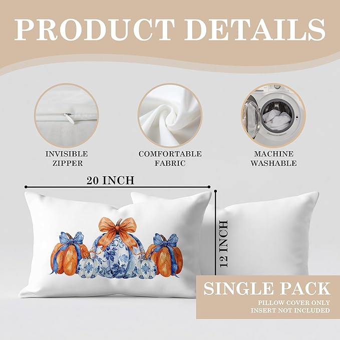 Chinoiserie Fall Pumpkin Pillow Covers 20x12,Autumn Decor,Blue and White Orange Chinoiserie Pumpkin Decorative Throw Pillow Covers for Home Bedroom Living Room