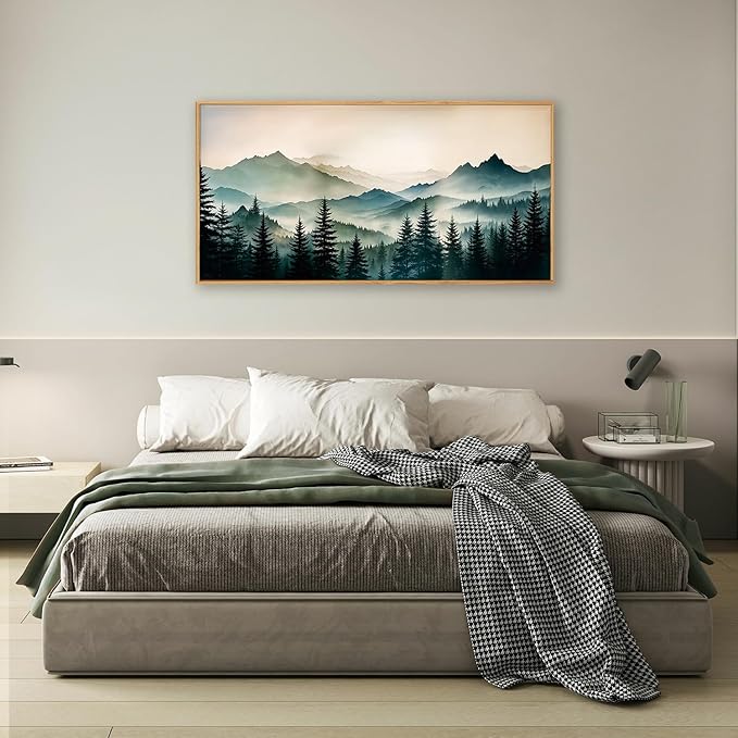 HPNIUB Large Green Mountain Framed Canvas Wall Art,Foggy Forest Wall Decor,Modern Watercolor Boho Pine Tree Wall Painting,Nature Mountains Landscape Art Print for Living Room,Bedroom,Office-20 x40