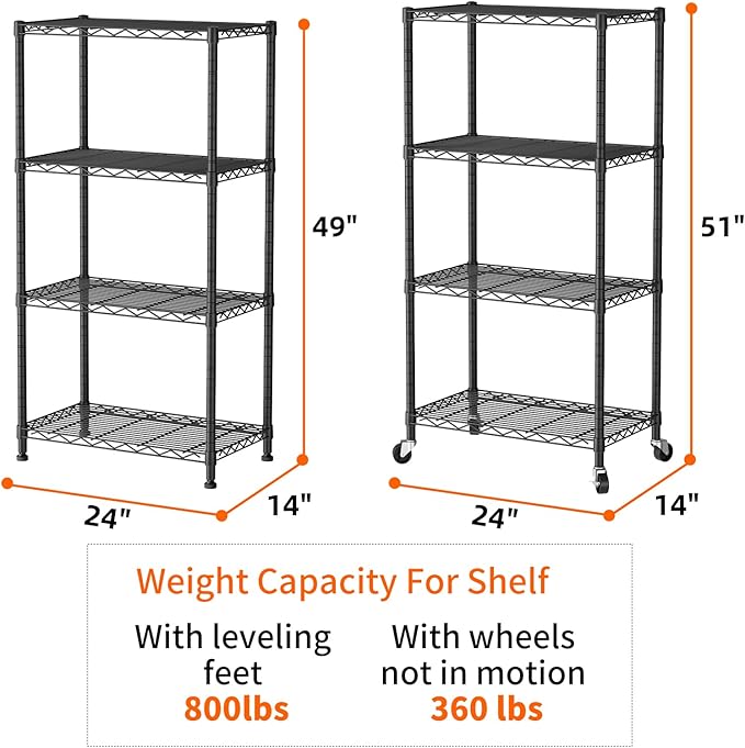 SINGAYE 4 Shelves Storage Shelf Wire Closet Bathroom Organizers Metal Pantry Kitchen Garage Shelving Unit Laundry Room Organization Home Rack Net Basket Black with Wheels