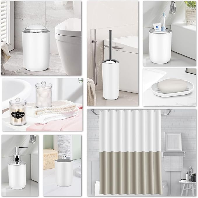 IMAVO Bathroom Accessories Set,White Bathroom Set,9 Pieces Bathroom Accessory Set with Shower Curtain,Qtip Holders,Toilet Brush,Trash Can for Bathroom Décor and Home Gifts