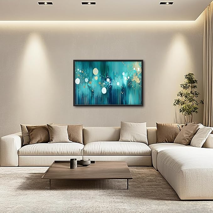 Lovira Abstract Teal and Gold Large Wall Art Turquoise Canvas Wall Decor Pictures Prints Painting Framed Home Artwork for Living Room Bathroom Bedroom Kitchen Office 24"x36"