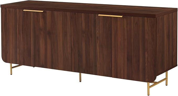 Walker Edison Reema Fluted 4-Door Kitchen Sideboard Buffet Console, 69 Inch, Gold,Dark Walnut