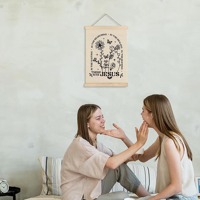 Supwhd Boho Floral Christian Wall Art with Wooden Poster Hanger, There Was Jesus Bible Verses Scripture Wall Decor, Christian Wall Decor for Home Room, 12x16