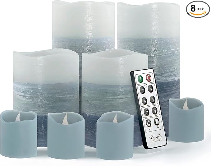 FURORA LIGHTING Blue Ombre Real Wax Flameless Candles with Remote and Timer, 4 Pillars and 4 Votives Pack of 8, LED Flickering Candles for Home Décor, Battery Operated