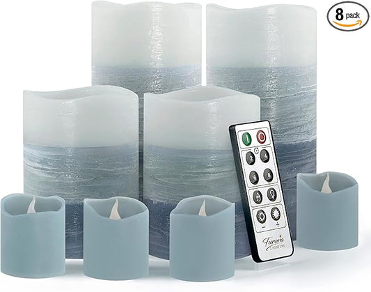 FURORA LIGHTING Blue Ombre Real Wax Flameless Candles with Remote and Timer, 4 Pillars and 4 Votives Pack of 8, LED Flickering Candles for Home Décor, Battery Operated