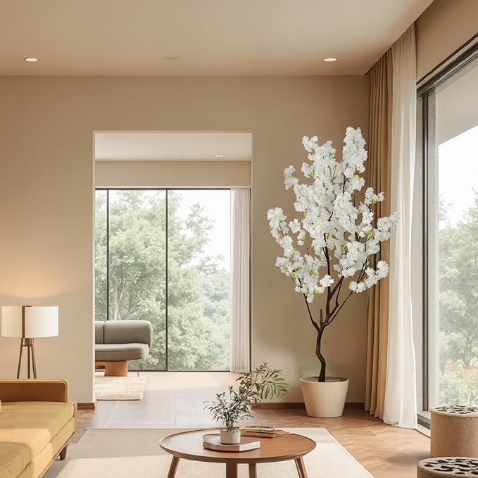 Faux White Cherry Blossom Tree 7ft(84in) Artificial Silk White Flower Tree Lifelike Large Fake Floral Tree for Wedding Realistic Elegant Cherry Sakura Plant in Pot for Home,Living Room,Office Decor