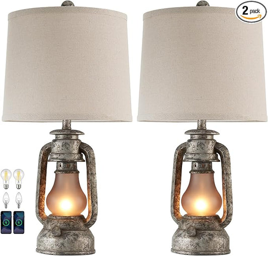RORIANO Farmhouse Rustic Table Lamps for Living Room Set of 2, Vintage Lantern Table Lamp with Dual USB Ports, Retro Nightstand Lamp for Bedroom Bedside, 4 Bulbs Included (Iron Gray)