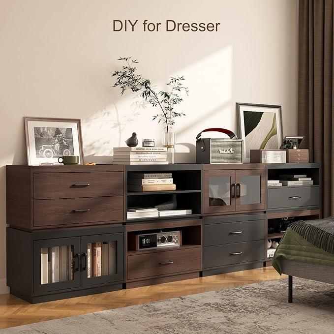 Stackable Storage Drawers, 28" Wide Storage Bins with 2 Doors for Closet Organizers, Wood Stackable Closet Organizer Modern Large Stackable Storage Units for Living Room Hallway Bedroom, Brown