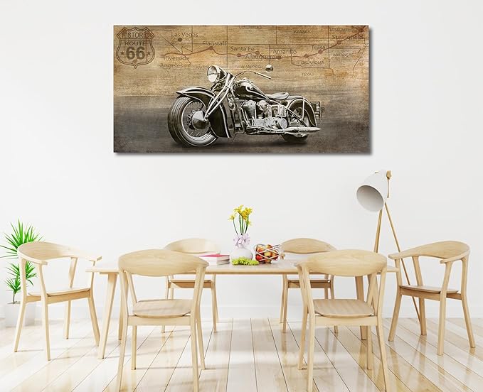 arteWOODS Vintage Motorcycle Canvas Wall Art - Historic Route 66 Retro Vehicle Pictures for Men Boys Bedroom Wall Decor Modern Motorcross Canvas Print Artwork Home Office Wall Decoration 24" x 48"
