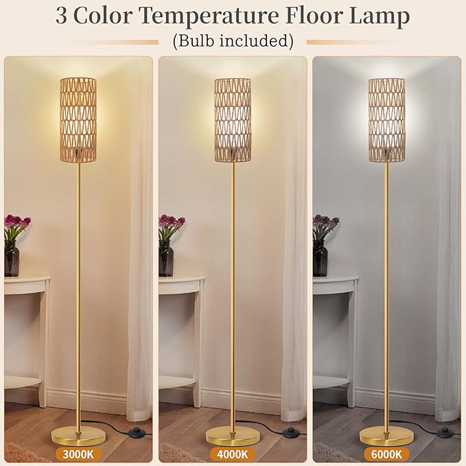 Floor Lamp for Living Room,Farmhouse Rattan Floor lamp,Modern Standing lamp with 3 Color LED Bulb,Gold Tall Lamp with Foot Switch