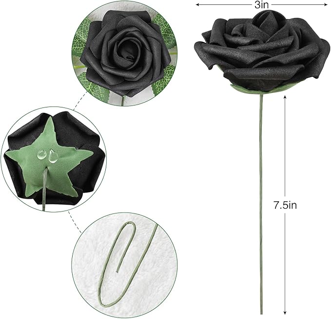 AmyHomie Artificial Flowers Black Rose 25pcs Real Looking Fake Roses w/Stem for DIY Wedding Bouquets Centerpieces Arrangements Party Baby Shower Home Decorations
