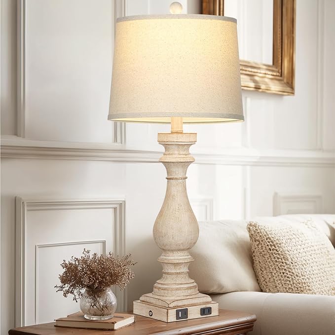 27.5" Farmhouse Table Lamp for Living Room Set of 2,Vintage Bedside Lamps with USB C+A Ports & AC Outlet,3-Way Dimmable Touch Control White Washed Finish Nightstand Lamp for Bedroom,Beige