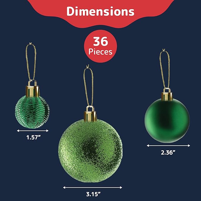 Prextex 36pc Shatterproof Green Christmas Balls Ornament Set - Festive Christmas Tree Ornaments in 3 Different Sizes and 6 Styles - Holiday Decoration with Hanging Loops for Tree, Wreath, Party Decor