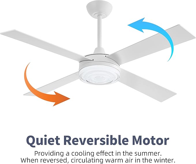WINGBO 52 Inch Ceiling Fan with Lights and Remote, 3CCT, Modern Ceiling Fan with Ripple Glass Shade, 6-Speed Reversible DC Motor for Bedroom Living Room Kitchen Hallway, Gloss White