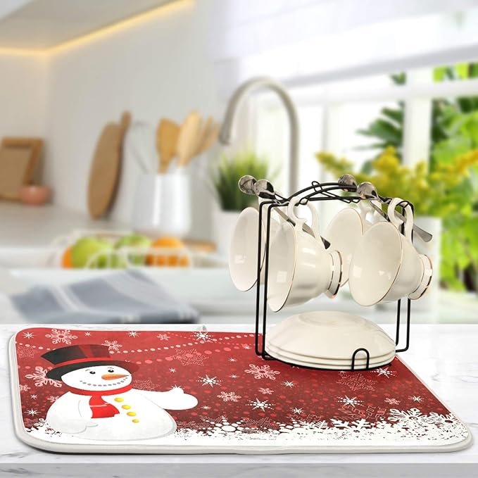 Christmas Snowflakes Snowman Dish Drying Mat 18 X 24 Inch Xmas Snowmen Winter Santa Stars Dry Dishes Pads Tableware Mats Protector for Kitchen Countertops Counter Home Decorations