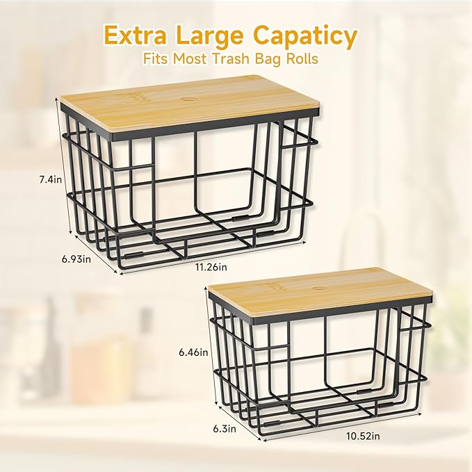 2 Pack Trash Bag Holder, Extra Large Garbage Bag Dispenser with Bamboo Top, Wall Mounted Stackable Trashbag Storage for Kitchen Laundry Room Under Sink Organization