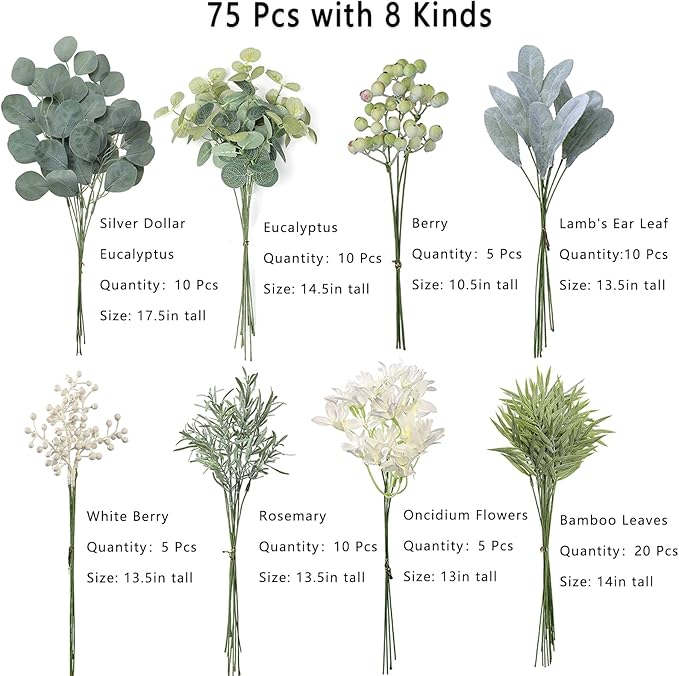 FOTEEWL 75 Pcs Artificial Greenery Stems Box Set,with 8 Kinds of Faux Plants and Fake Flowers for DIY Bridal Bouquets Wedding Floral Arrangement Table Centerpieces Decoration (Sage Green)