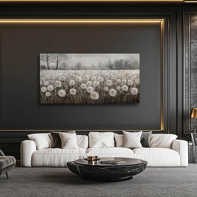 White Flowers Wall Art for Living Room Framed Wall Decor Dandelion Wall Art Artwork Canvas Paintings for Home Office 29"x58”