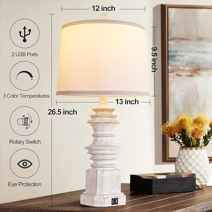 QiMH Table Lamps for Nightstand Set of 2, Bedside Lamp with Dual USB Charging Ports, Farmhouse Decor Table Lamps with White Linen Lampshade for Living Room, Bedroom Lamps with LED Bulbs, White