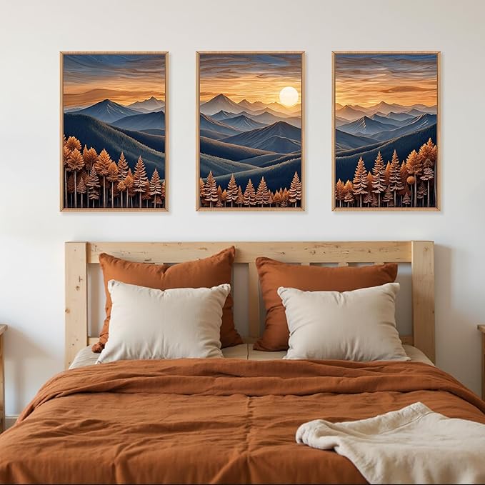 HOURIA Large Woodland Mountain Sunset Framed Canvas Wall Art Set,Wilderness Wooden Forest Landscape Wall Decor,Nature Botanical Artwork,Boho Pine Tree Art Print for Living Room,Bedroom- 16"x24"x3