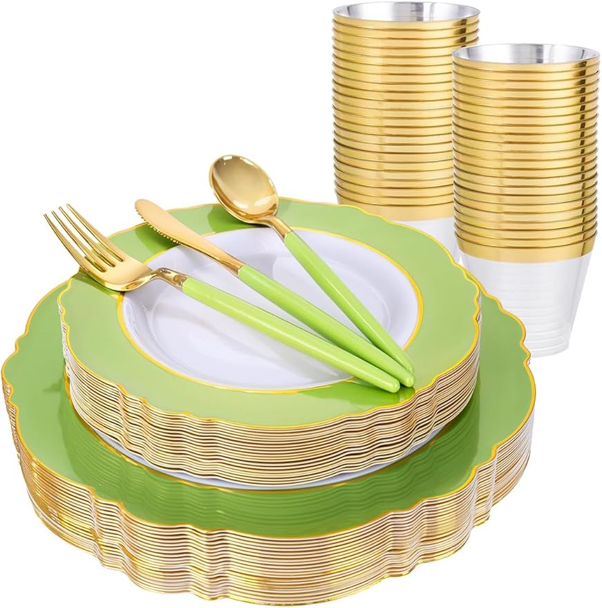 WDF 150Pcs Green Plates Disposable - Baroque Green and Gold Plates - 25Guest Plastic Dinnerware Ideal for Party/Spring/Picnic