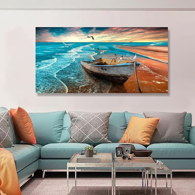 Beach Sunset Pictures Canvas Wall Art For Living Room Bedroom Wall Decor,Seascape Wall Art Print Paitnings For Home Decor,Morden Artwork Boat Canvas Art Waterproof Ready To Hang-24x48 Inches