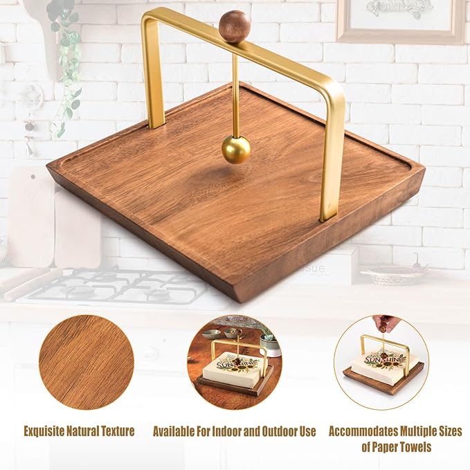 Wood Napkin Holder for Table, Square Tabletop Napkin Dispenser with Sophisticatedly Metal Center Bar, Cocktail Napkin Holder for Home, Kitchen, Office, Restaurant, Hotel, Cafe, Bar
