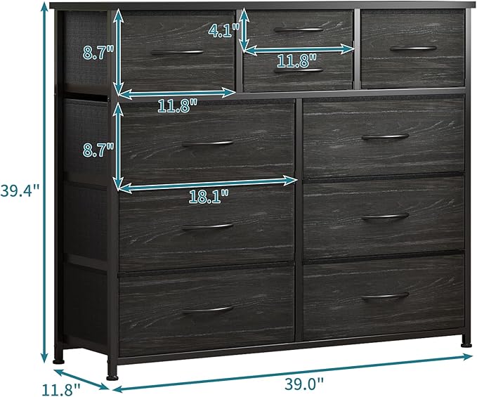 LUMTOK 10-Drawer Dresser, Fabric Dressers Drawers for Bedroom, Hallway, Nursery, Closets, Steel Frame, Wood Top, Easy Pull Handle (Black Wood Veins)