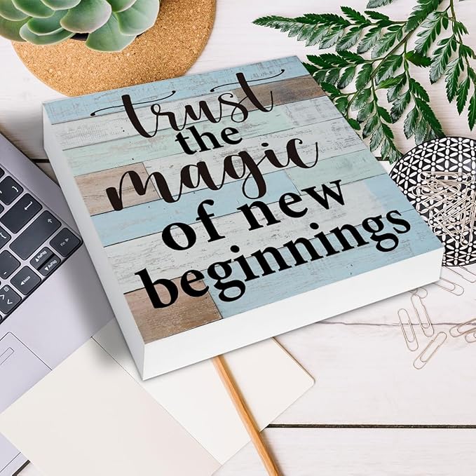 Trust the Magic of New Beginnings Wooden Box Sign Desk Decor, Inspirational Quote Wood Box Sign for Home Office Shelf Table Decoration 5 X 5 Inch