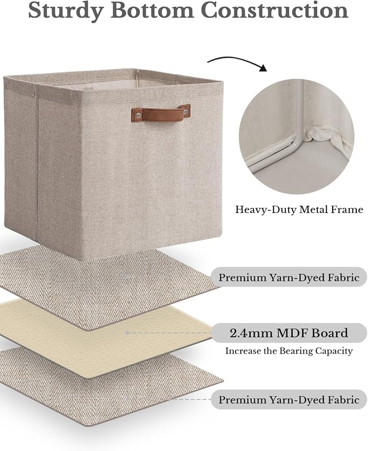 StorageWorks 13x13 Inches Storage Cube, Fabric Storage Bins with PU Handles, Collapsible Organizer Baskets for Closet, Brown and Beige, 4-Pack
