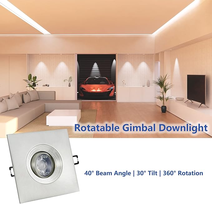 Canless Recessed Gimbal Downlight Rotatable-Spotlight 5 CCT 4 Inch Eyeball Ceilling Potlight, Dimmable Lights Fixture with Junction Box, 8W CCT Adjustable, Brushed Nickel Square Trim, 6P