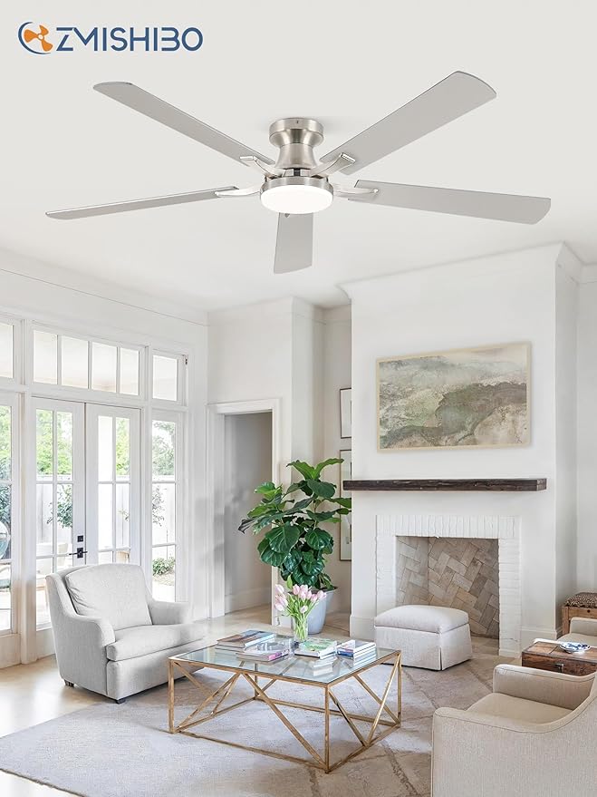 ZMISHIBO 60 Inch Ceiling Fan with Light, App&Remote Control, Flush Mount Low Profile, Dimmable 20W LED Light, Quiet Reversible Motor for Bedroom, Living Room, Apartment, Nickel