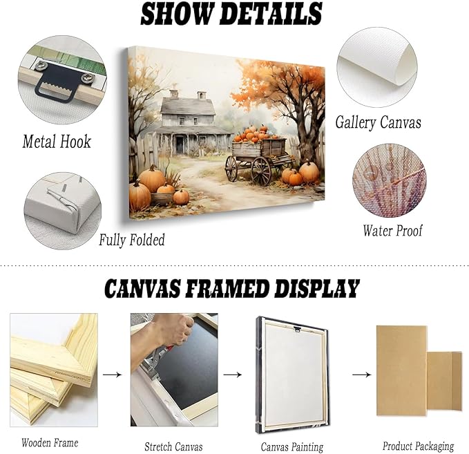Framed Autumn Farmhouse Sketch posters Gallery Canvas Print Wall Art Vintage Farmhouse Decor Autumn Art Fall Landscape Pumpkin Decoration 24x36"framed