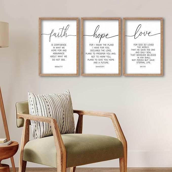 SRSZHIYUE Bible Verse Wall Decor Faith Hope and Love 16''×11'' Set of 3 Catholic Prayer Family Living Room Sign Farmhouse Scripture Quote Christian Minimalist Art Inspirational Wall Hanging (Wood)