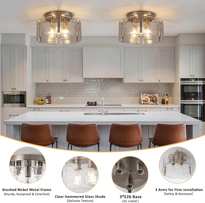 Modern Semi Flush Mount Ceiling Light Fixture, Nickel Hallway Light Fixtures Ceiling Mount, Dimmable Foyer Kitchen Lighting Fixtures Ceiling Lights for Bedroom Bathroom Dining Room Laundry Room