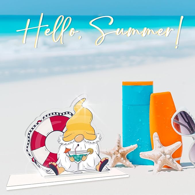 Hello Summer Acrylic Sign - Beach Gnomes Summer Acrylic Plaque - Seasonal Welcome Tabletop Decoration Sign Favors For Friends Family - Home Desk Office Shelf Supplies & Decor-A04