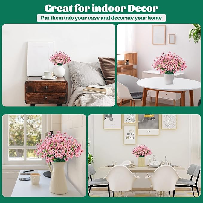 Lnoicy 12 Pcs Artificial Flowers for Outdoor,Plastic Flowers Decoration, UV Resistant Faux Flowers Shrubs, Artificial Plants for Indoor Outside Garden Home Wedding Farmhouse（Pink）