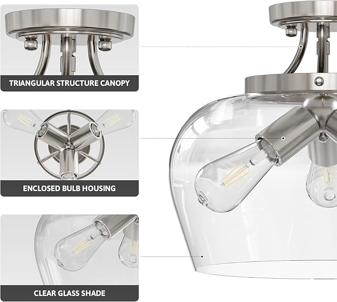 VONLUCE Semi Flush Mount Ceiling Light, 13.8" Ceiling Light Fixture with Clear Glass Shade, E26 Base, 3-Bulb Industrial Lighting Fixture for Dining Room Hallway Entryway Bedroom, Brushed Nickel