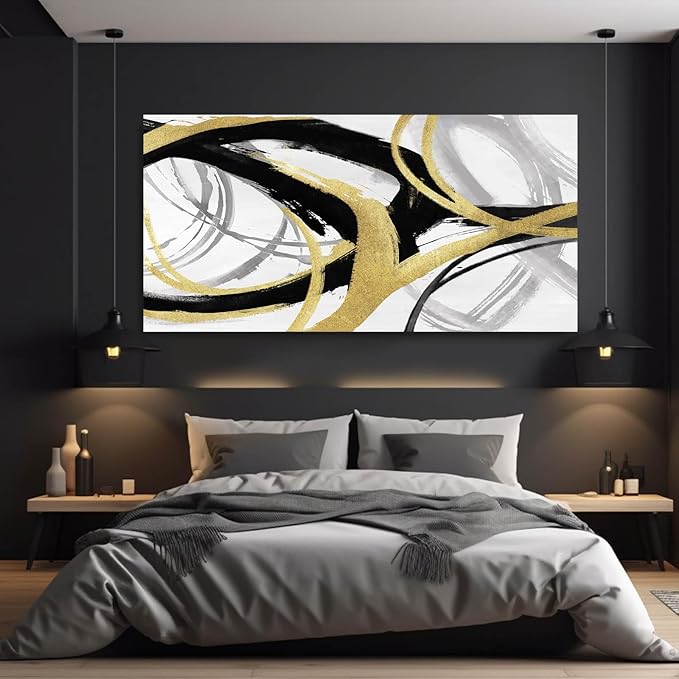 Kureful Black And Gold Wall Decor Large Wall Art for Living Room Abstract Wall Art Pictures Paintings Minimalist Decor Canvas Artwork 29”x58”
