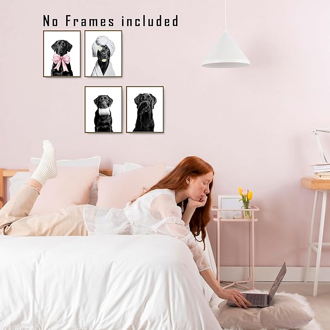 FITIE Funny Black Labrador Retriever Bathroom Wall Art Posters Set of 4, Dog Bathroom Decor, Coquette Bow Humor Black Lab Dog Canvas Prints Artwork Wall Decor for Bath Wash Room, 8x10 Unframed