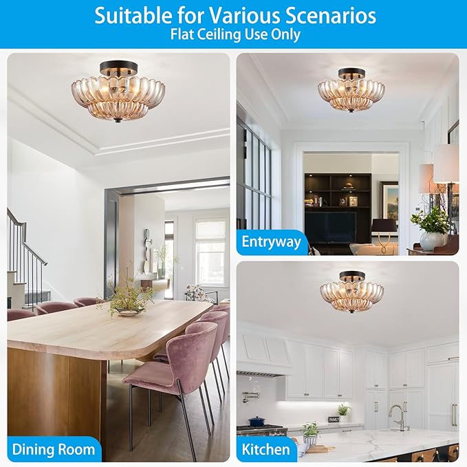 XINGQI Modern Ceiling 3-Light Amber Glass Semi Flush Mount Ceiling Light Fixture Small Close to Chandelier for Living Room Dining Room Bedroom Entryway Hallway