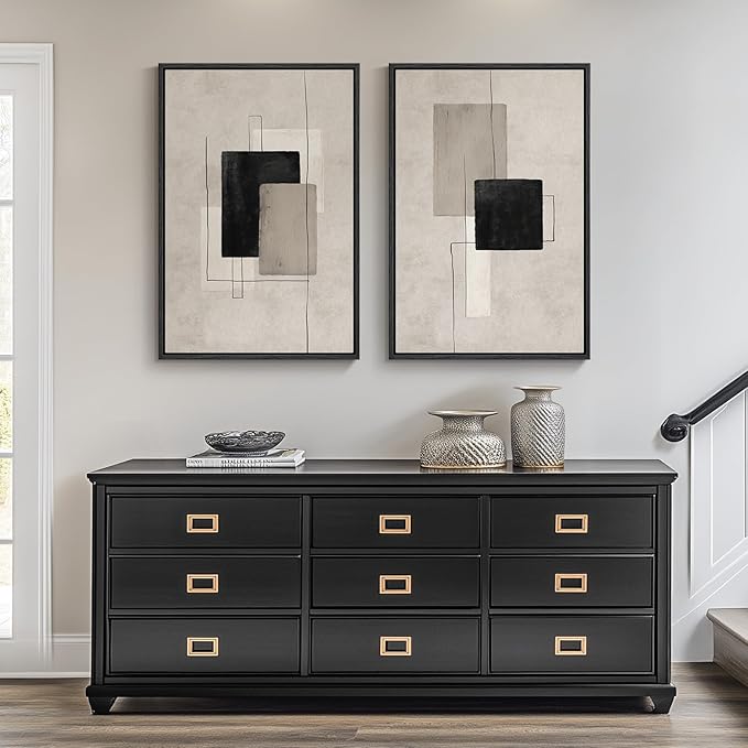 Framed Neutral Abstract Wall Art Set of 2, Black Beige Modern Canvas Prints Paintings Artwork for Walls, Minimalist Block Lines Pictures for Living Room, Dining Room, Bedroom Wall Decor 16x24 In