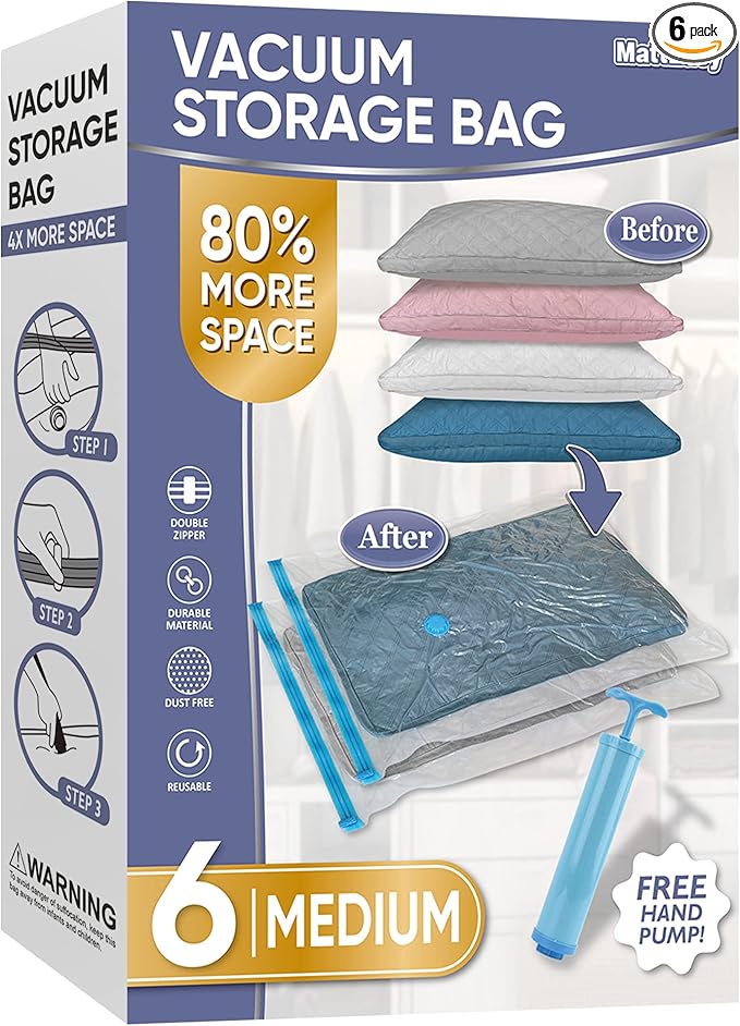 Space Saver Vacuum Storage Bags, 6 Pack Space Saver Bags with Pump, Storage Vacuum Sealed Bags for Clothes, Comforters, Blankets, Bedding (6 Medium)