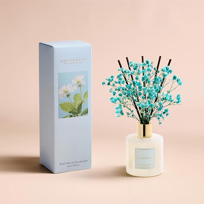COCORRÍNA Reed Diffuser - Wild Mint & Eucalyptus 6.7 Fl.oz Reed Diffuser Set with Sticks & Preserved Baby's Breath, Reed Diffuser for Home Bathroom Shelf Decor