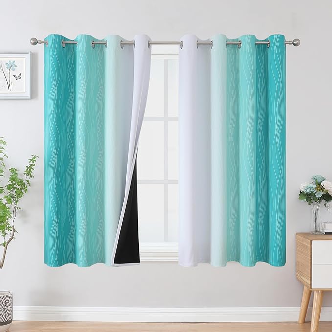 Estelar Textiler Teal and Greyish White Blackout Curtains 54 Inch Length, Light Blocking Gradient Grommet Drapes for Living Room, Thermal Insulated Ombre Curtains for Bathroom,52Wx54L,2 Panels