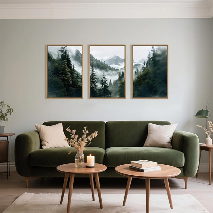 HOURIA Boho Forest Mountain Framed Canvas Wall Art Set,Nature Foggy Woodland Ridge Wall Decor,Misty Pine Tree Artwork,Sage Green Botanical Art Prints for Living Room, Bedroom, Farmhouse-16 x24 x3