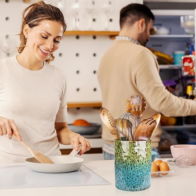 Utensil Holder, Ceramic Kitchen Utensil Holder for Countertop, Large Cooking Utensil Crocks for Kitchen Counter, Morden Utensil Organizer for Spatula, kitchen Decor,Green & Blue