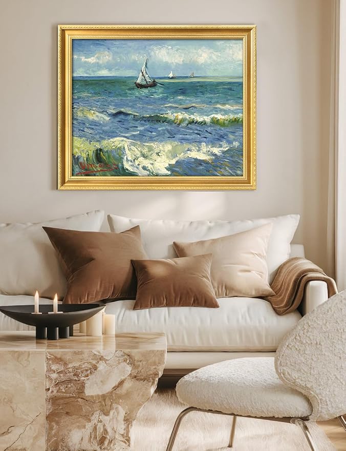 DECORARTS - Vincent van Gogh's The Sea at Les Saintes-Maries, Museum-Quality Giclee Canvas Print in Gold Solid Wood Frame, 34.75 x 28.75 in, Ready to Hang, Made in USA